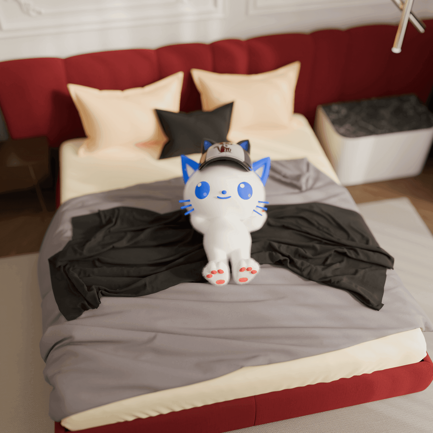Mascotte Les Copains Déménageurs installée sur des cartons de déménagement